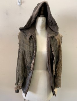 MTO, Tobacco Brown, Beige, Leather, Linen, Mottled, Color Blocking, Aged Sherpa with Extra Long Sleeve and Hood, 1 Button Top Neck, Quilted Gauzy Swing Line Over-vest, Patched and Frayed