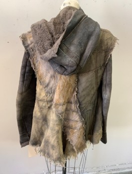 Womens, Sci-Fi/Fantasy Jacket, MTO, Tobacco Brown, Beige, Leather, Linen, Mottled, Color Blocking, S, Aged Sherpa with Extra Long Sleeve and Hood, 1 Button Top Neck, Quilted Gauzy Swing Line Over-vest, Patched and Frayed
