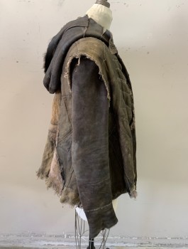 MTO, Tobacco Brown, Beige, Leather, Linen, Mottled, Color Blocking, Aged Sherpa with Extra Long Sleeve and Hood, 1 Button Top Neck, Quilted Gauzy Swing Line Over-vest, Patched and Frayed