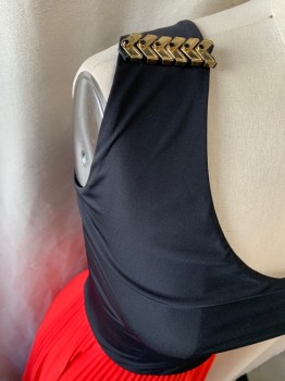 ALEXIE, Black, Red, Polyester, Nylon, Color Blocking, One Shoulder, Gold Chevron Metal Bar on Shoulder, Black Bodice, Red Pleated Skirt, Pullover, Floor Length