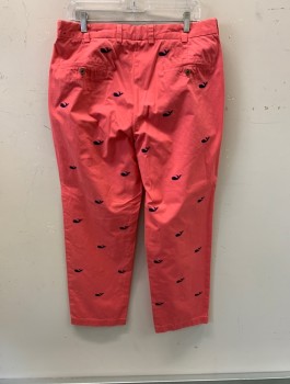 BROOKS BROTHERS, Coral Pink, Navy Blue, Cotton, Animal Print, All Over Embroidered Whales, Slant Pockets, Zip Front, F.F, 2 Back Welt Pockets