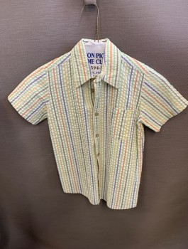 Childrens, Shirt, N/L, White, Salmon Pink, Green, Dk Green, Cotton, Stripes, Seersucker, 30 C, S/S ! Pocket Collar Childs Shirt