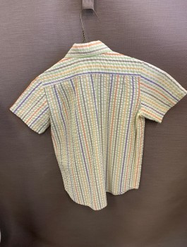 N/L, White, Salmon Pink, Green, Dk Green, Cotton, Stripes, Seersucker, S/S ! Pocket Collar Childs Shirt