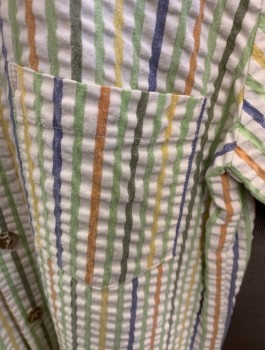 N/L, White, Salmon Pink, Green, Dk Green, Cotton, Stripes, Seersucker, S/S ! Pocket Collar Childs Shirt