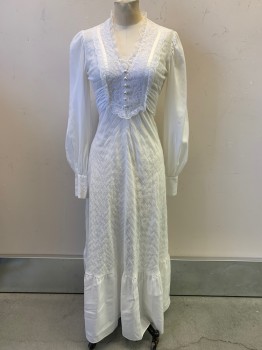 Womens, Evening Gown, NO LABEL, White, Cotton, Stripes, Floral, W24, B32, L/S, V Neck, Lace Trim on Chest and Cuffs, 6 Buttons, Waist Tie, Back Zipper,