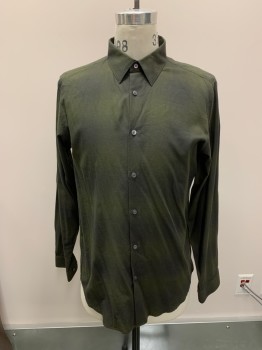 THEORY, Dk Olive Grn, Cotton, Plaid, Solid, C.A., Button Front, L/S,
