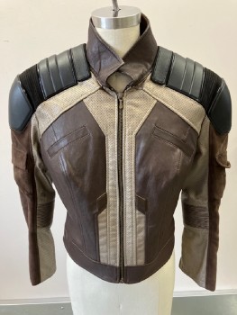 N/L, Brown, Black, Tan Brown, Leather, Suede, Stand Collar, Zip Front, L/S, 2 Shoulder Pockets, 2 Front  Faux  Pockets , Ribbed Shoulder & Perforated