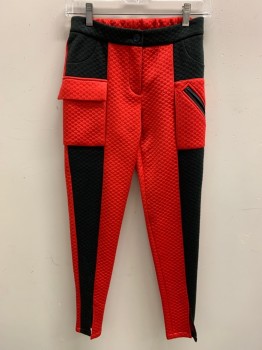Womens, Sci-Fi/Fantasy Pants, MTO, Red, Black, Polyester, Color Blocking, I27, W26, Textured Fabrics, Zip Front, Elastic Back Waist, Faux Hip Pockets, Asymmetrical Thigh Pockets, Slit Hems