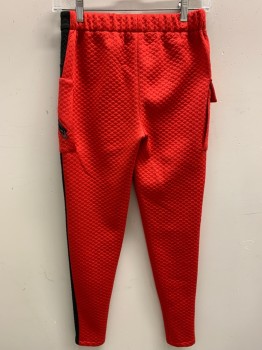 Womens, Sci-Fi/Fantasy Pants, MTO, Red, Black, Polyester, Color Blocking, I27, W26, Textured Fabrics, Zip Front, Elastic Back Waist, Faux Hip Pockets, Asymmetrical Thigh Pockets, Slit Hems