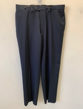 HAGGAR, Midnight Blue, Polyester, Solid, Classic Fit, Zip Front, Extended Waistband, Button Closure, Flat Front, 4 Pockets