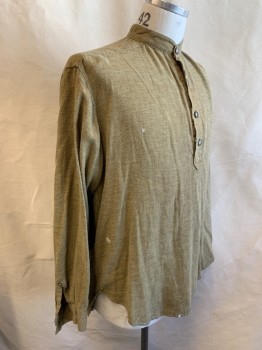 N/L MTO, Caramel Brown, Black, Cotton, 2 Color Weave, Homespun Cloth, Band Collar,  L/S, 4 Button Placket, Lightly Aged, Made To Order