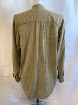 N/L MTO, Caramel Brown, Black, Cotton, 2 Color Weave, Homespun Cloth, Band Collar,  L/S, 4 Button Placket, Lightly Aged, Made To Order