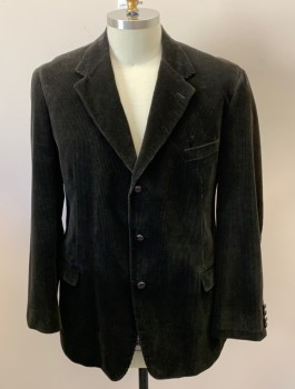 BROOKS BROS, Dk Brown, Cotton, Solid, Notched Lapel, 3 Bttn Single Breasted, 3 Pckts, Leather Buttons, Back Double Vent, Corduroy