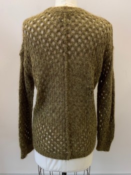 ISABEL MARANT, Moss Green, Brown, Mohair, Wool, 2 Color Weave, L/S, Crew Neck, Knit With Holes