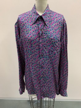 DRIES VAN NOTEN, Magenta Pink, Turquoise Blue, Black, Neon Yellow, Viscose, Animal Print, L/S, Button Front, Chest Pocket, Pointed Collar, Peacock Feather Print