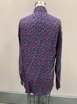 DRIES VAN NOTEN, Magenta Pink, Turquoise Blue, Black, Neon Yellow, Viscose, Animal Print, L/S, Button Front, Chest Pocket, Pointed Collar, Peacock Feather Print