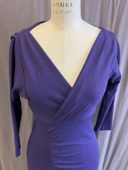 DVF, Purple, Viscose, Polyamide, Solid, Knit, Surplice, With Asymmetrical Gathered Skirt Front & Back,  ,