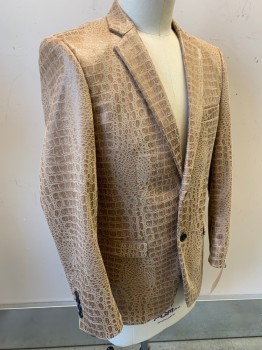 BASSIRI, Beige, Lt Brown, Polyester, Reptile/Snakeskin, Single Breasted, 2 Buttons,  Notched Lapel, 2 Pocket Flap,