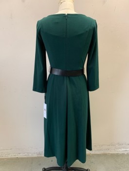 CALVIN KLEIN, Forest Green, Polyester, Spandex, Solid, Stretch Crepe, 3/4 Sleeves, Scoop Neck, A-Line Skirt, Knee Length, **Comes with Black Pleather Belt with Gold Oval Buckle