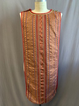 Mens, Historical Fiction Tabard, MTO, Cranberry Red, Gold, Green, Gray, Rayon, Polyester, Stripes - Vertical , Geometric, OS, Brocade, Wide Twist Rope Edge Trim. Buttons at Shoulders, Opens at Right Shoulder