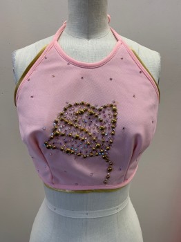 Womens, 1970s Vintage, Piece 1, NO LABEL, Lt Pink, Gold, Polyester, Solid, W24, B32, Halter Top, Neck And Back Tie, Gold Trim, Gold And Pink Rhinestones And Studs, Flower Shaped, Made To Order,