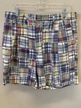 Mens, Shorts, BERLE, Navy Blue, White, Red, Yellow, Green, Cotton, Patchwork, Plaid, 36, Small Hole on Pocket, Double Pleats, 4 Pockets,
