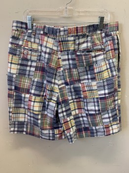 Mens, Shorts, BERLE, Navy Blue, White, Red, Yellow, Green, Cotton, Patchwork, Plaid, 36, Small Hole on Pocket, Double Pleats, 4 Pockets,