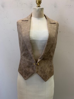 Womens, Vest, N/L, Champagne, Polyester, Floral, B36, Jacquard, Notched Lapel, 2 Buttons, Tie Back
