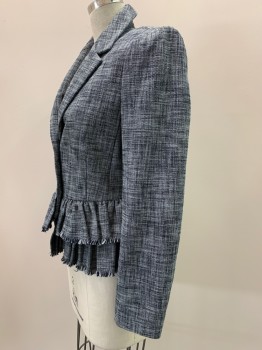 REBECCA TAYLOR, Black, Lt Gray, Cotton, Polyester, 2 Color Weave, 2 Buttons, Single Breasted, Notched Lapel, Layered Pleated Bottom With Fringe Trim,