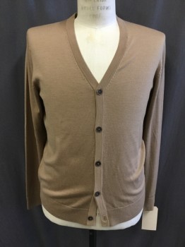 UNIQLO, Lt Brown, Wool, Solid, V-neck, Button Front,