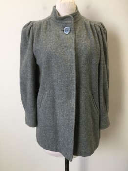 N/L, Heather Gray, Wool, Solid, 1 Large Iridescent Button @ Band Collar, 2 Pckts, Pleated at Yoke, Pleated Inset Sleeve, Pleated at Cuff, *Discoloration at Neck*
