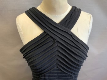 CALVIN KLEIN, Black, Polyester, Solid, Criss-cross Halter, Horizontal & Diagonal Pleats, Zip Back,