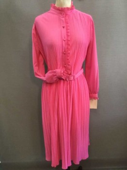 N/L, Pink, Polyester, Solid, Button Front, Band Collar with Ruffle, Ruffle Placket, Elastic Waist, Long Sleeves with Ruffle Cuff, Accordian Pleat Top/skirt, *Self Covered Belt