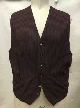 Mens, Vest 1890s-1910s, Brown, White, Beige, Wool, Heathered, Stripes - Pin, Ch 44, Heathered Brown with White & Beige Pin Stripes, Button Front, 4 Faux Pockets,