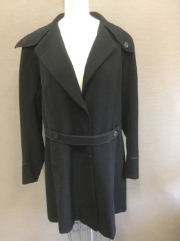 Womens, Coat 1890s-1910s, N/L, Black, Wool, Solid, 40, B:38-, Ribbed Texture Wool, Single Breasted, Wide Lapel, 2 Buttons,  1.25" Wide Self Belt Attached At Waist with Button Closure At Waist, Black Twill Edging Trim, 4 Pleats At Center Back Hem with Decorative Buttons,