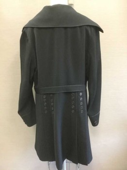 Womens, Coat 1890s-1910s, N/L, Black, Wool, Solid, 40, B:38-, Ribbed Texture Wool, Single Breasted, Wide Lapel, 2 Buttons,  1.25" Wide Self Belt Attached At Waist with Button Closure At Waist, Black Twill Edging Trim, 4 Pleats At Center Back Hem with Decorative Buttons,
