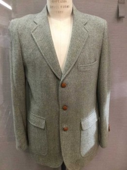 Mens, Blazer/Sport Co, N/L, Olive Green, Cream, Wool, Herringbone, 38R, Single Breasted, 3 Pockets, 3 Wooden Buttons, Notched Lapel