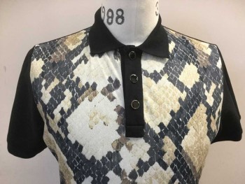 JUST CAVALLI, Black, Gray, Tan Brown, Brown, Cotton, Reptile/Snakeskin, Solid, Dark Gray/tan/cream/brown Reptile Front W/black Collar Attached, Front Placket, Short Sleeves, & Back, 3 Black Button Front W/gold Trim (**AND ONE EXTRA BUTTON in the BACK ATTACHED)