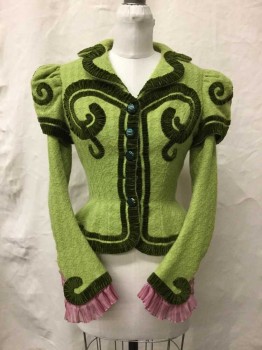 Womens, Historical Fiction Jacket, Lime Green, Olive Green, Dusty Pink, Wool, Silk, Solid, Xs, Notched Lapel, 5 Buttons, Cap Over Sleeve Textured Wool W/ Olive Velvet Swirl Pattern. Dusty Rose Organza Pleated Cuffs