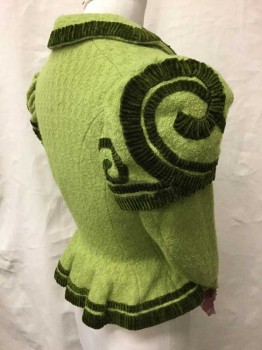 Womens, Historical Fiction Jacket, Lime Green, Olive Green, Dusty Pink, Wool, Silk, Solid, Xs, Notched Lapel, 5 Buttons, Cap Over Sleeve Textured Wool W/ Olive Velvet Swirl Pattern. Dusty Rose Organza Pleated Cuffs