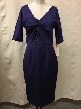 LELA ROSE, Purple, Polyester, Cotton, Solid, Center Front Knot, V Neck, 3/4 Sleeve,
