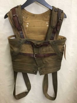 Unisex, Sci-Fi/Fantasy Vest, NO LABEL, Brown, Olive Green, Cotton, Leather, C34-36, Faded Over Dyed Cotton Webbing, 2 Horizontal Leather Straps/buckles Across Chest, Two Back Hanging Loops at Hem, Metal Grommets, Aged, Comes with Bag Of Straps And Studs To Increase Size