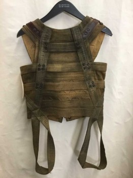Unisex, Sci-Fi/Fantasy Vest, NO LABEL, Brown, Olive Green, Cotton, Leather, C34-36, Faded Over Dyed Cotton Webbing, 2 Horizontal Leather Straps/buckles Across Chest, Two Back Hanging Loops at Hem, Metal Grommets, Aged, Comes with Bag Of Straps And Studs To Increase Size