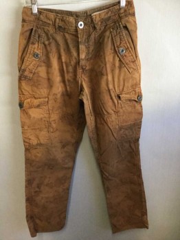 N/L, Caramel Brown, Brown, Gray, Cotton, Solid, Twill, Button Fly, Cargo Pockets, Skinny Leg, Stained/Mottled Dye Throughout