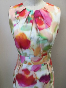 KATE SPADE, Multi-color, Viscose, Abstract , Floral, Sleeveless, Round Neck, Pleats at Neck, Gold Center Back Zipper,
