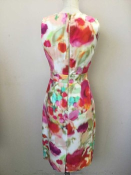 KATE SPADE, Multi-color, Viscose, Abstract , Floral, Sleeveless, Round Neck, Pleats at Neck, Gold Center Back Zipper,