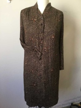N/L, Dk Brown, Lt Brown, Orange, Tan Brown, Viscose, Floral, Abstract , Solid Brown Lining, V-neck, 5 Button Front, Long Sleeves W/3 Buttons