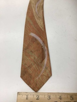 Mens, Tie, WEMBLEY, Cream, Tan Brown, Red, Lavender Purple, Silk, Woven Floral Motif, Red and Cream Squiggly Lines on Tan Background, Lavender Crescents, Stain and Small Hole on Bottom Crescent