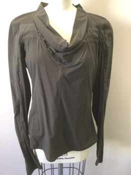 RICK OWENS , Dk Brown, Nylon, Spandex, Solid, Pullover Top with Long Sleeves, Cowl Neck, Panels of Alternating Fabrics Throughout, High End/Designer with Futuristic Look