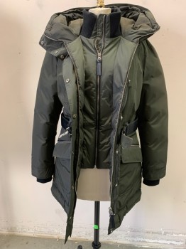 Womens, Coat, Winter, MACKAGE, Dk Green, Black, Polyester, Fur, Solid, M, Double Zip Front, Leather Trim, Down Fill, Leather Belt, 2 Flap Pockets, 2 Zip Pockets, Black Ribbed Knit Collar, Attached Hood, Silver Hook Belt Closure, Starting to Have Sun Fade Inside Hood See Detail Photo,